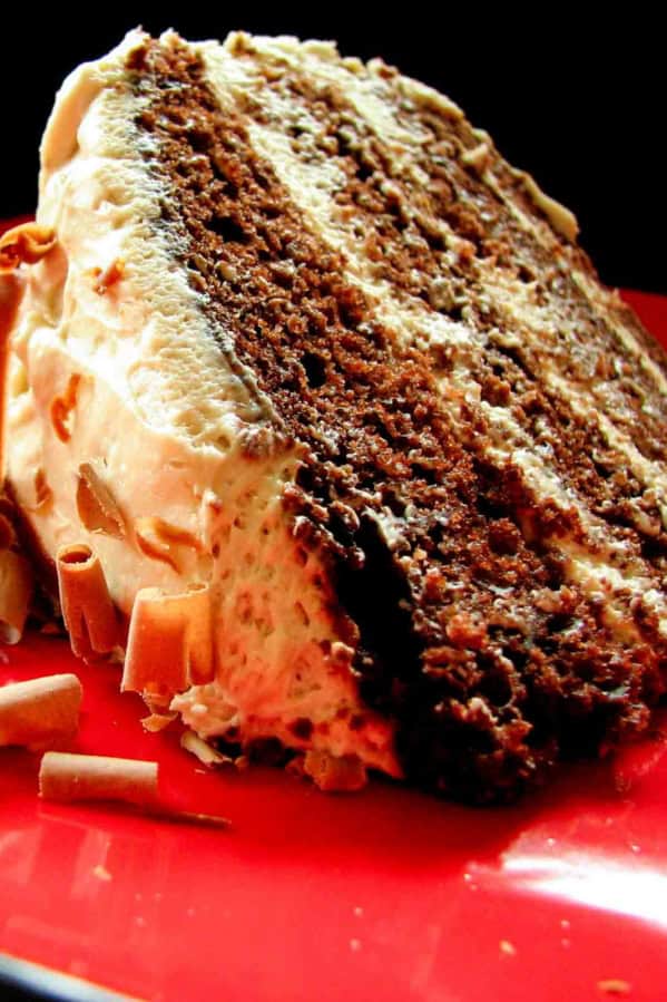 Slice of chocolate cake with whipped cream frosting on a red plate.