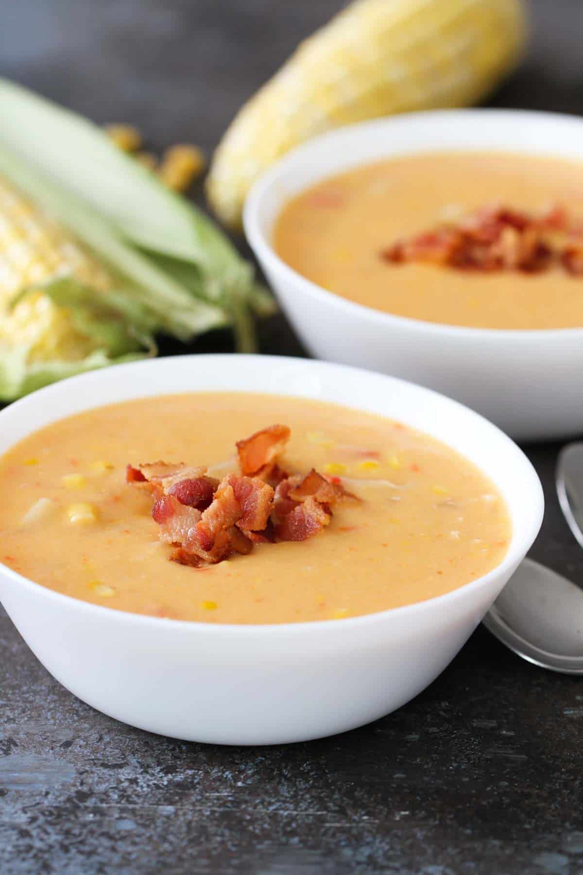 2 bowls of Corn and Bacon Chowder.