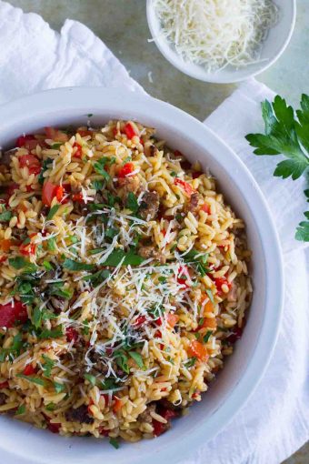 Orzo Recipe with Italian Sausage and Peppers - Taste and Tell