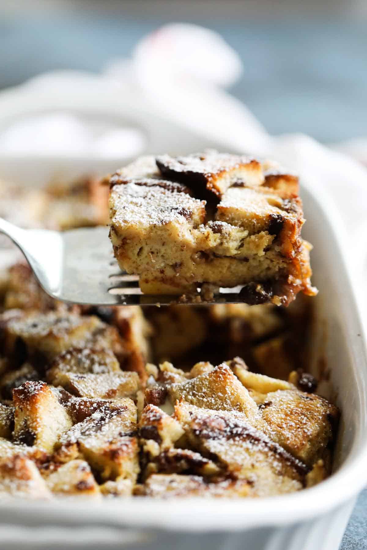 Slice of Make Ahead French Toast Casserole.