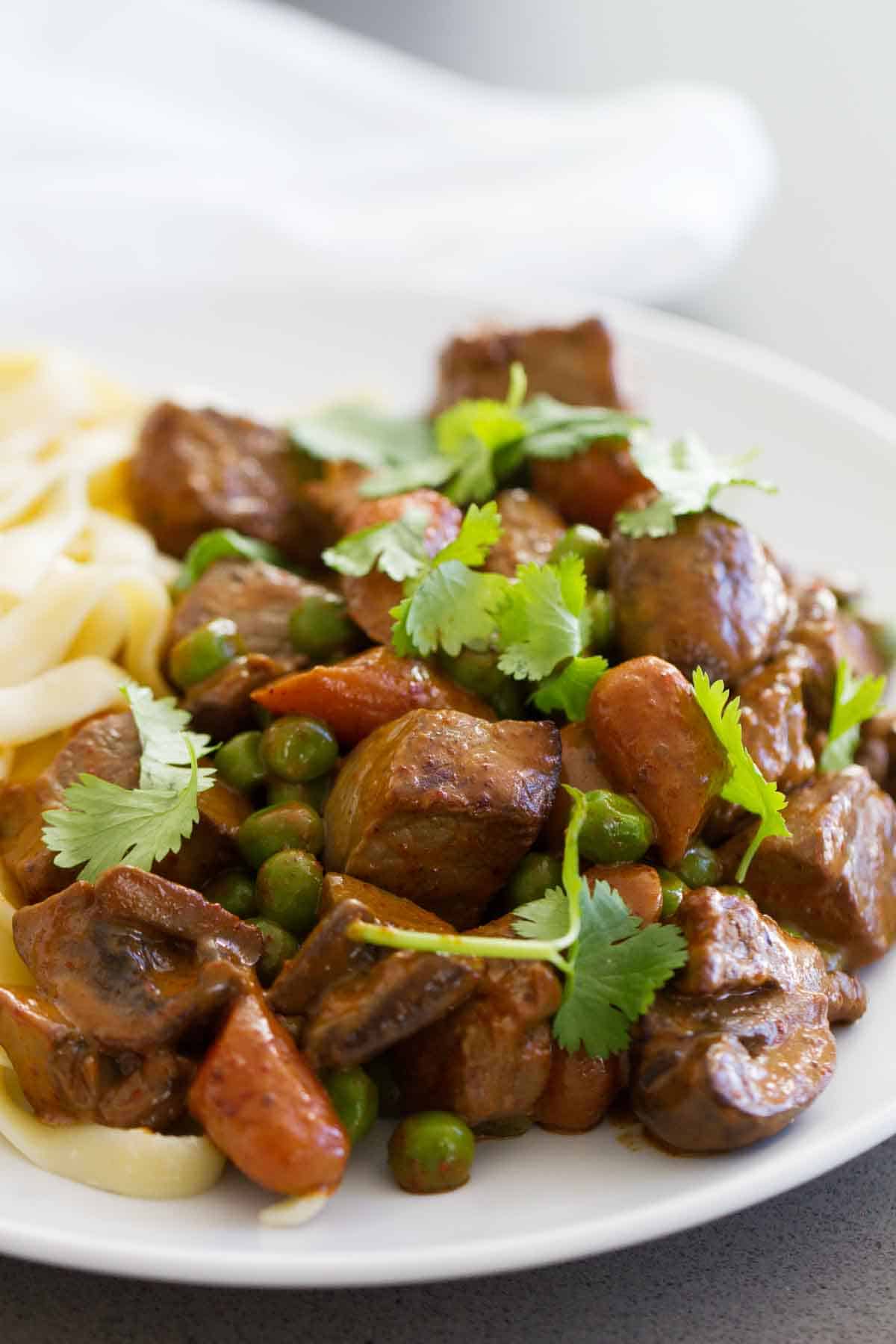 Chili Beef and Vegetables served over pasta.