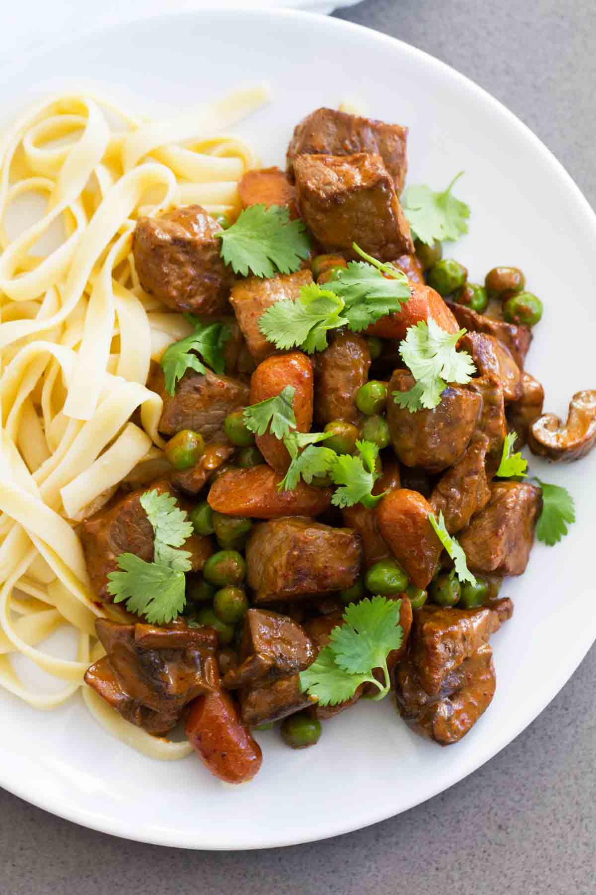 Chili Beef and Vegetables with pasta with cilantro on top.