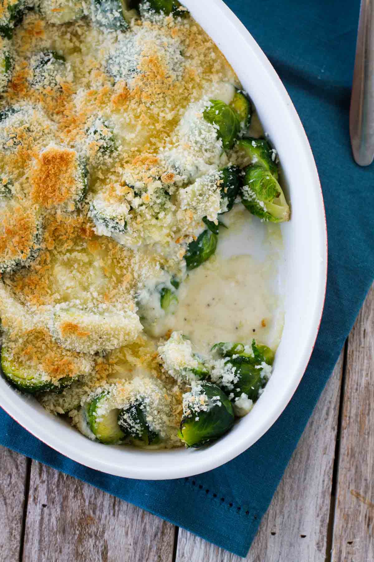 Brussels Sprouts Gratin topped with panko breadcrumbs.