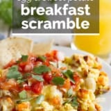 Breakfast Scramble with Eggs and Sweet Potatoes with text overlay.