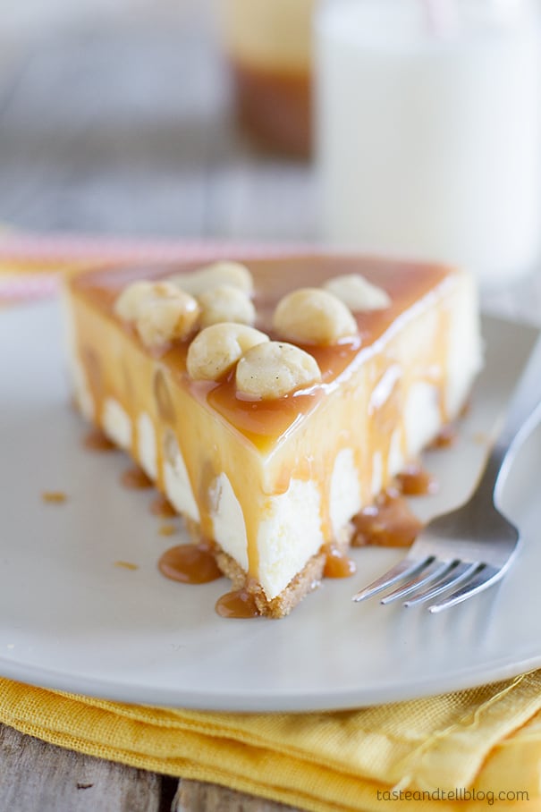 White Chocolate Cheesecake with Macadamia Nuts and Caramel - Taste and Tell