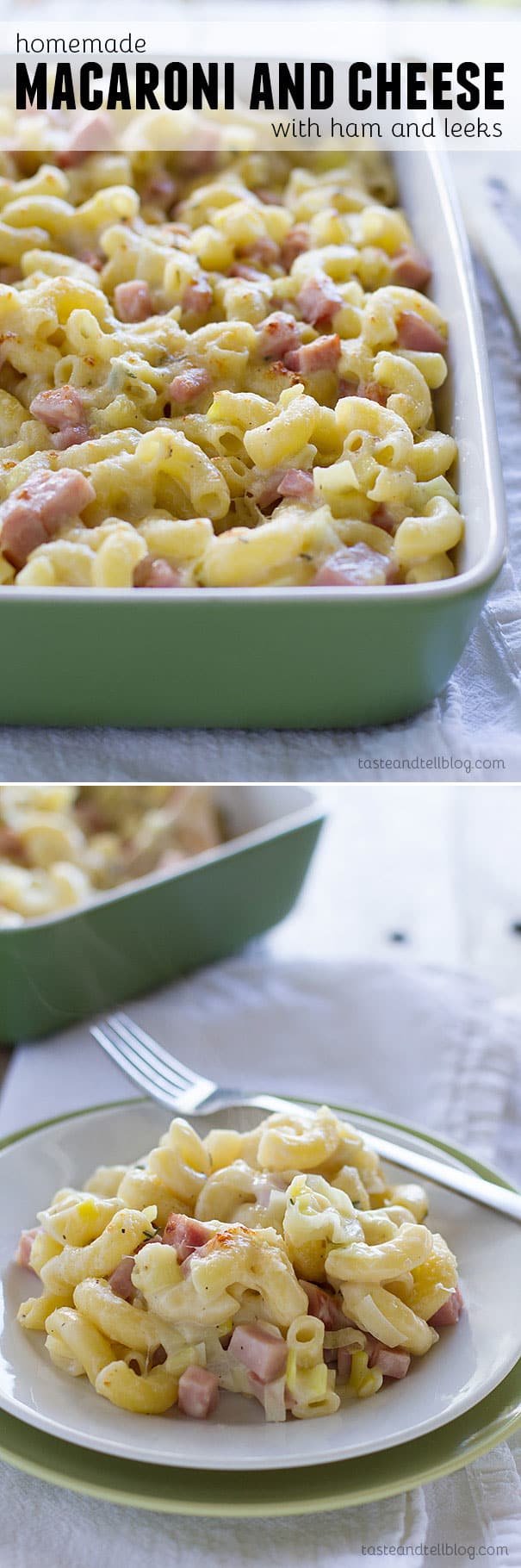 Creamy homemade macaroni and cheese is made with gruyere cheese and filled with leeks and ham for an irresistible version of macaroni and cheese that the whole family will love.