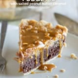 Peanut Butter Fudge Pie with salted peanut butter caramel with text overlay.