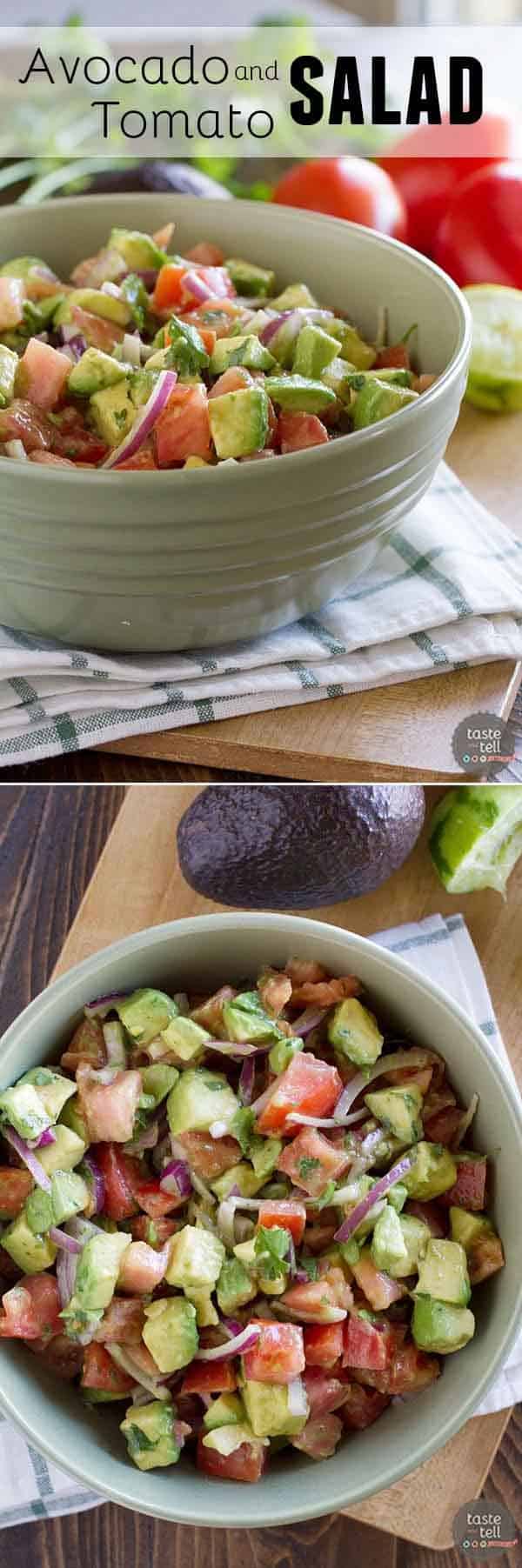 Fraîche et lumineuse, cette salade d'avocats et de tomates est un accompagnement parfait en marge de tout repas à thème mexicain. C'est aussi une excellente salade de pot-luck !