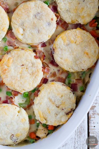 Chicken and Bacon Pot Pie with Bacon Cheddar Biscuits - Taste and Tell