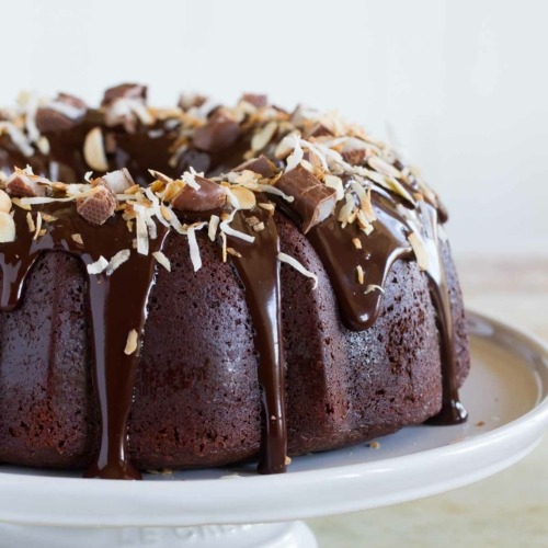 Almond Joy Candy Bar Filled Chocolate Bundt Cake - Taste and Tell