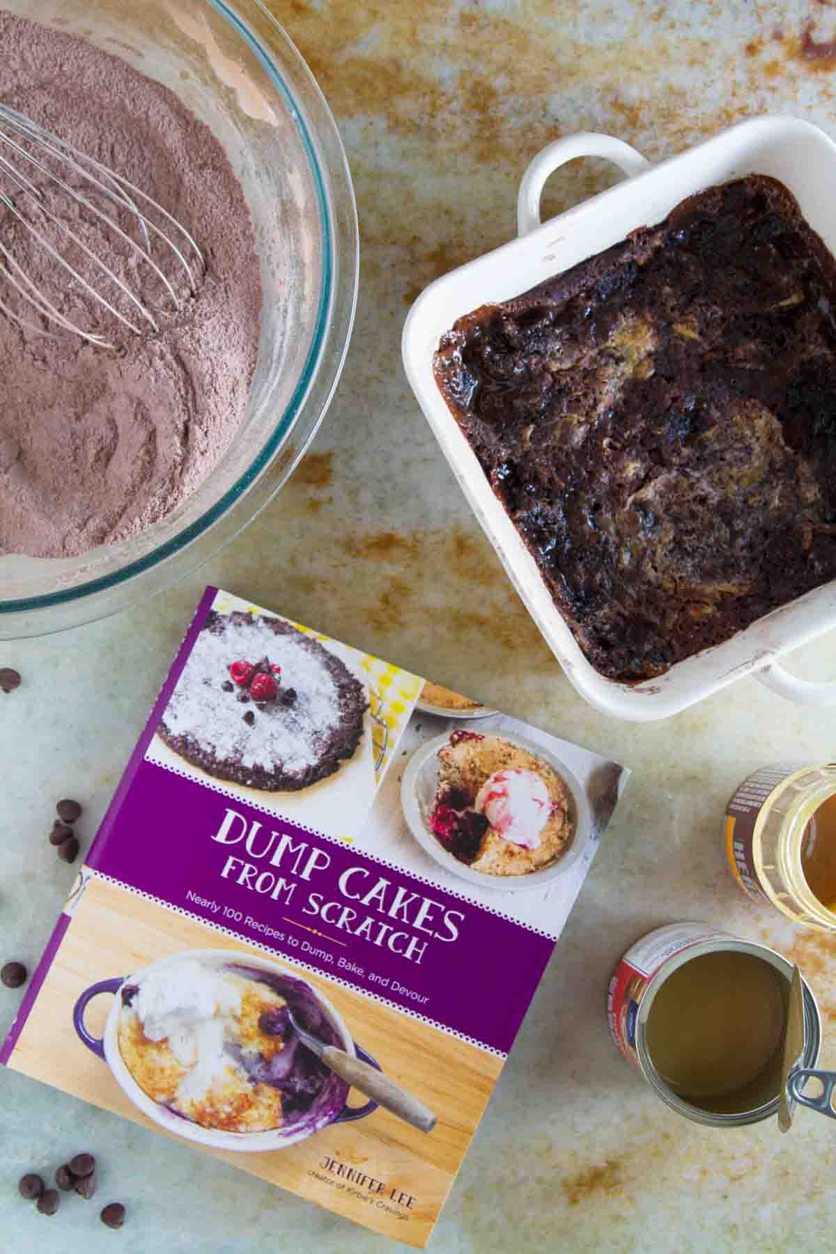 Dump cake cookbook and gooey caramel chocolate dump cake.