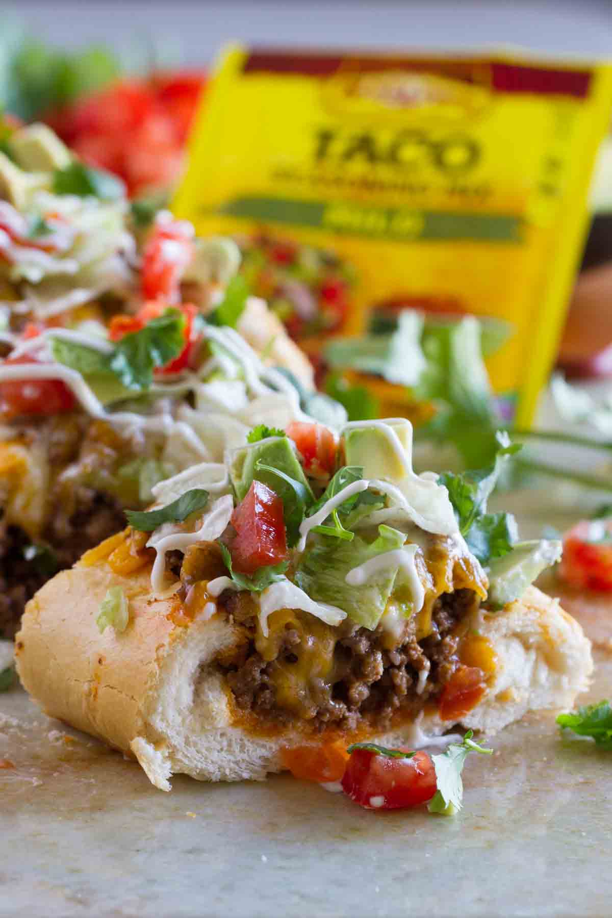 Taco French Bread Pizza cut into slices.