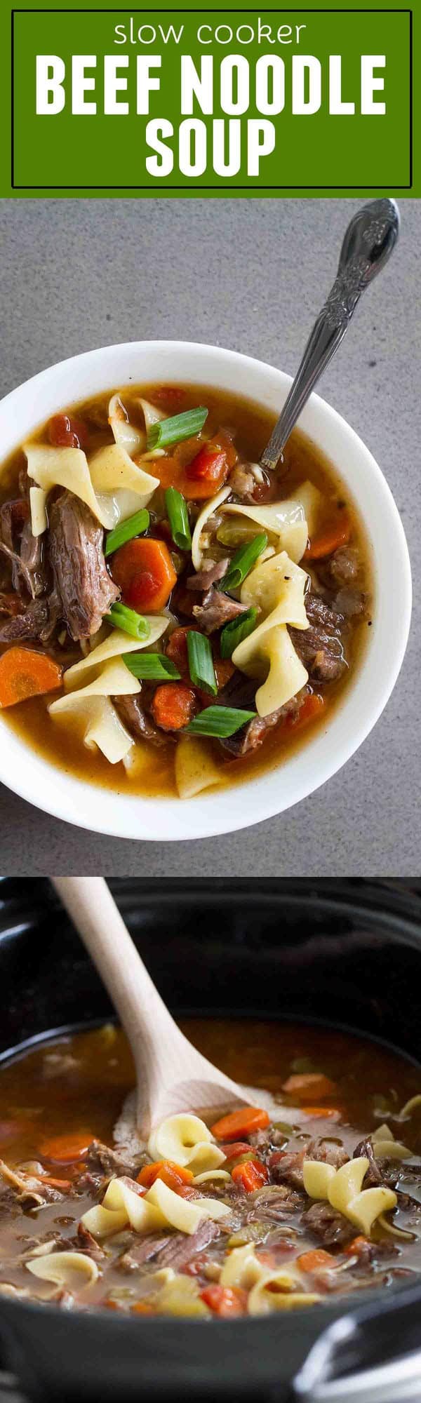 Super tender and slow cooked, this Slow Cooker Beef Noodle Soup is the definition of comfort food! Put it in the slow cooker in the morning, and a flavorful noodle soup is ready for dinner!