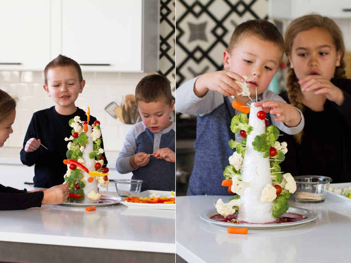 Making a Christmas tree with vegetables for dipping in Bacon Chive  Ranch Dip.