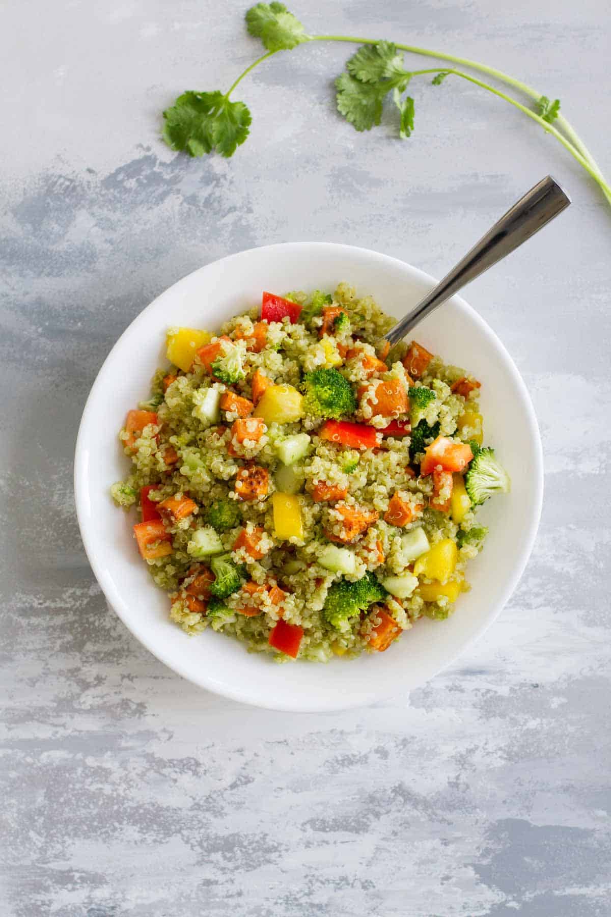 Bowl filled with Quinoa and Roasted Sweet Potato Salad.