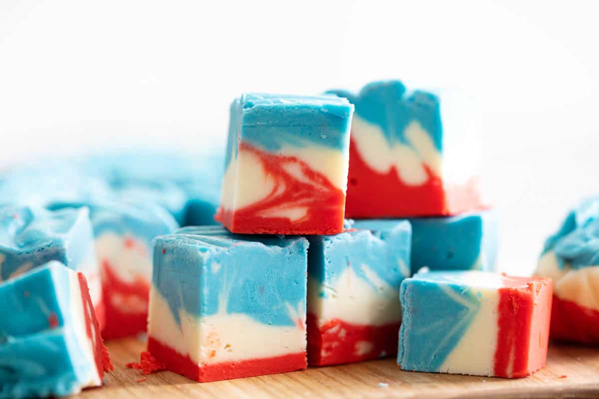 Tie Dyed 4th of July White Chocolate Fudge stacked.