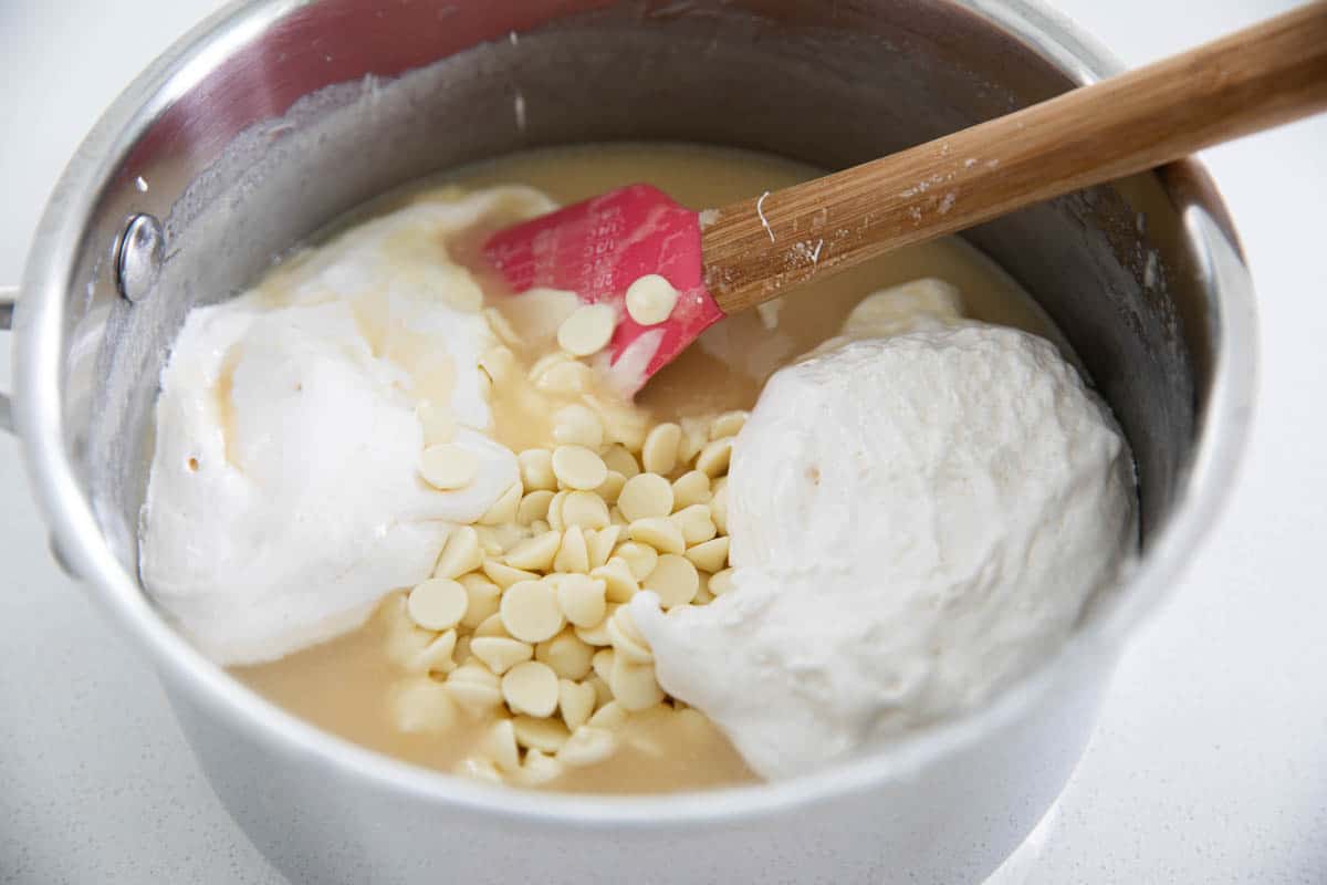 Mixing Ingredients together for White Chocolate Fudge.