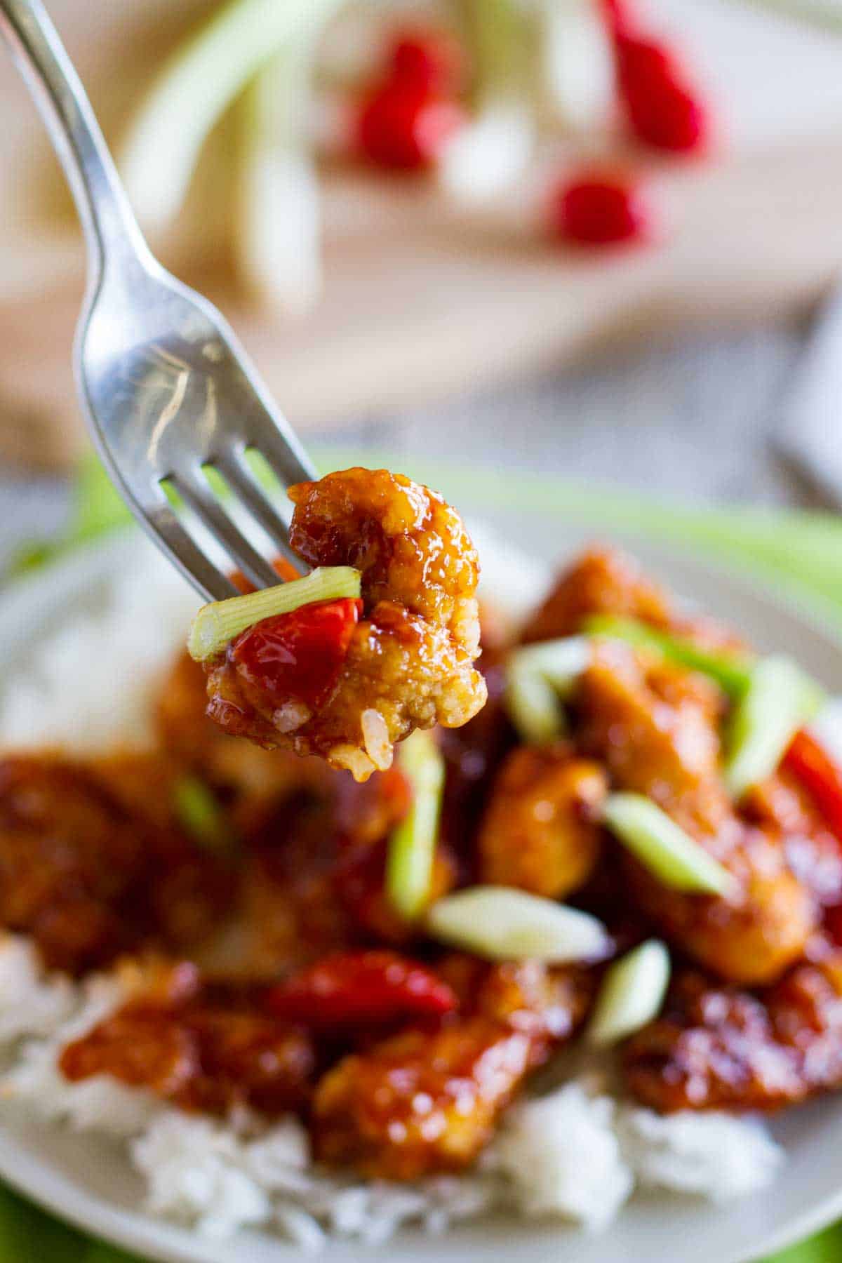 Chinese chicken on a fork