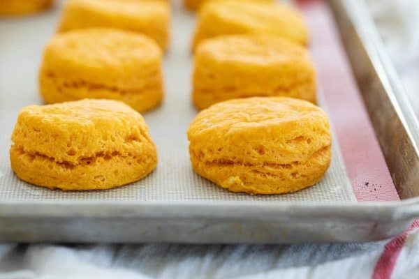 sweet potato biscuits on a baking sheet