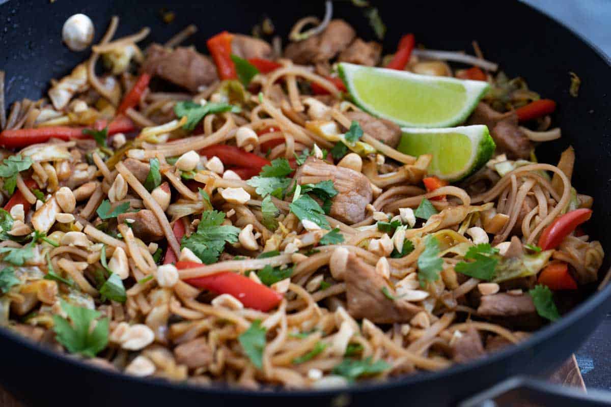 skillet with pork stir fry