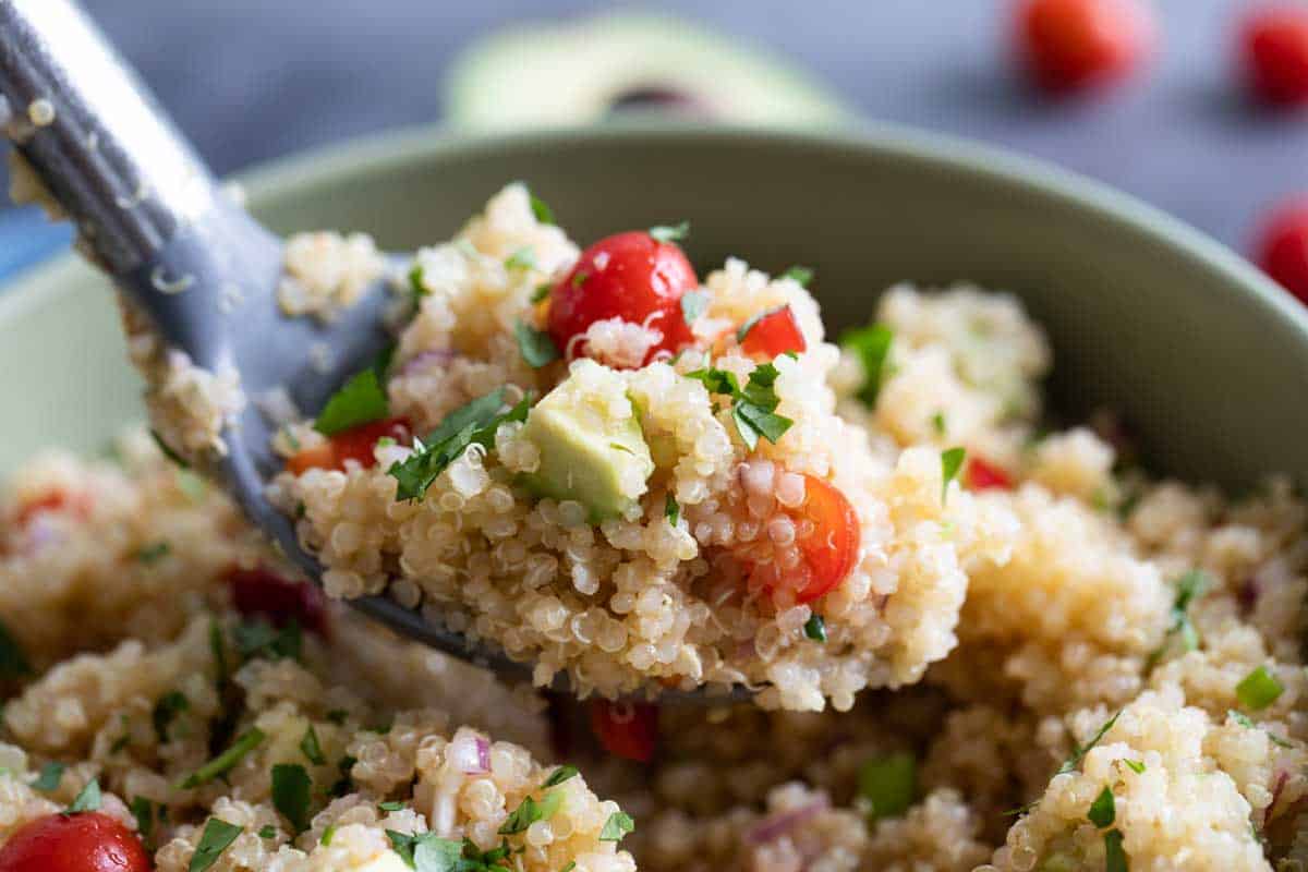 scoop of quinoa salad with avocado and tomato