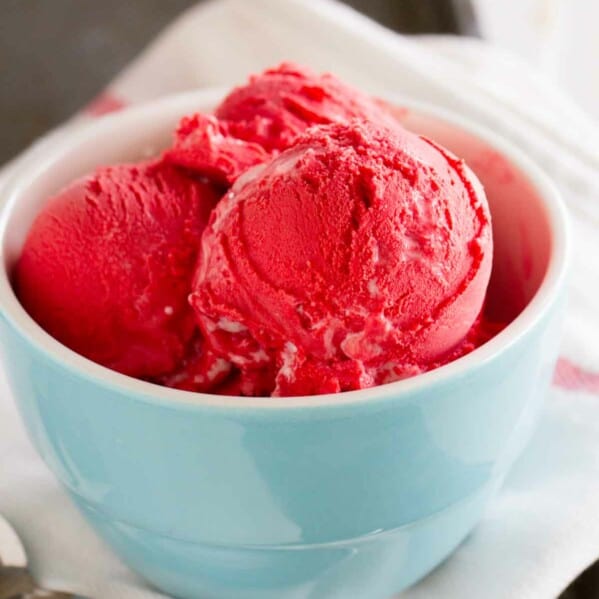 red velvet ice cream in a blue bowl