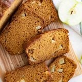 overhead view of slices of pumpkin apple bread