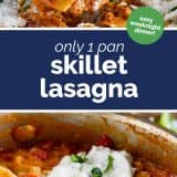 skillet lasagna with text in the center