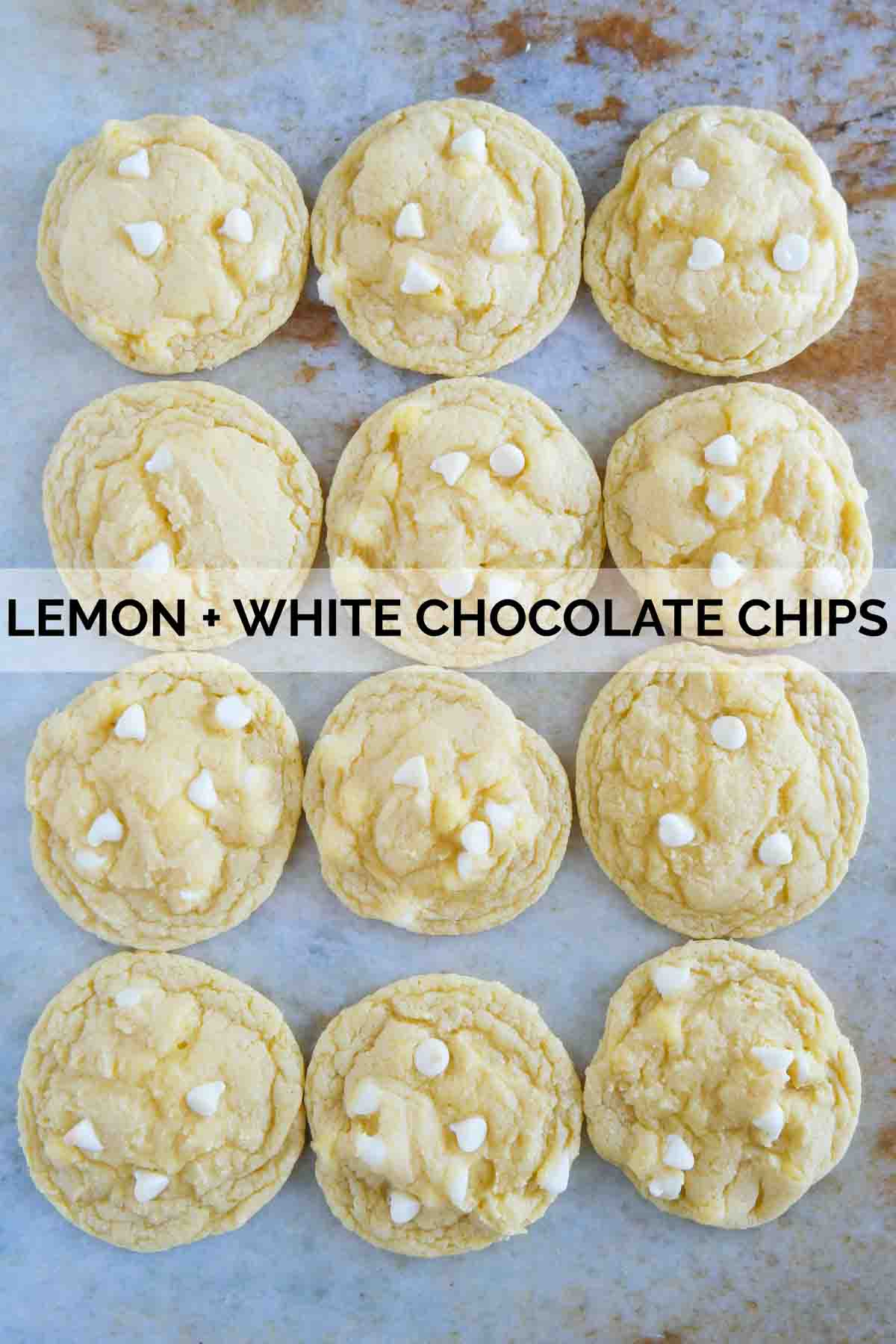 Cake mix cookies made from lemon cake mix and white chocolate chips