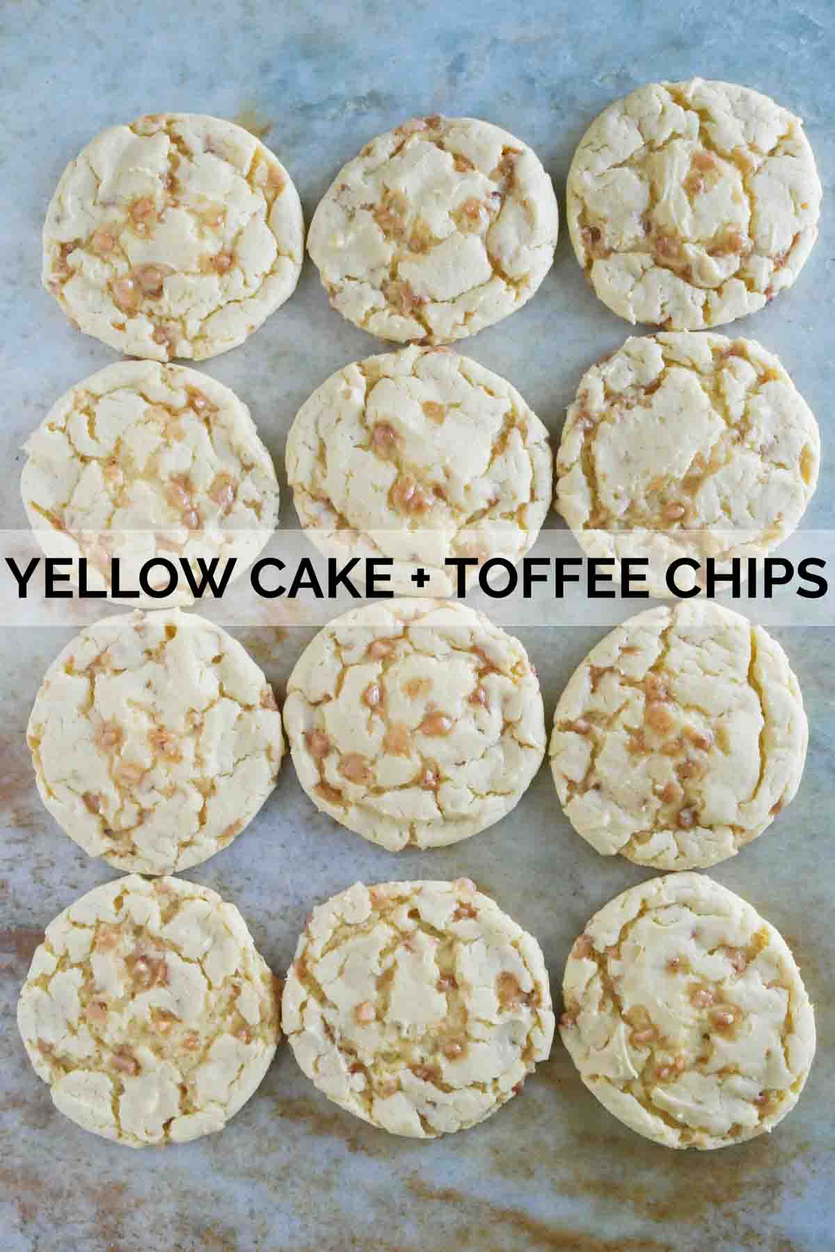 Cake mix cookies made from yellow cake mix and toffee chips