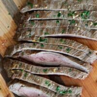 overhead view of sliced flank steak