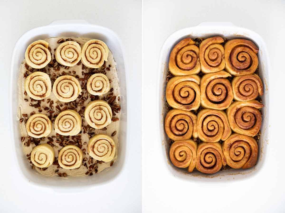 Sticky buns in a baking dish before and after baking