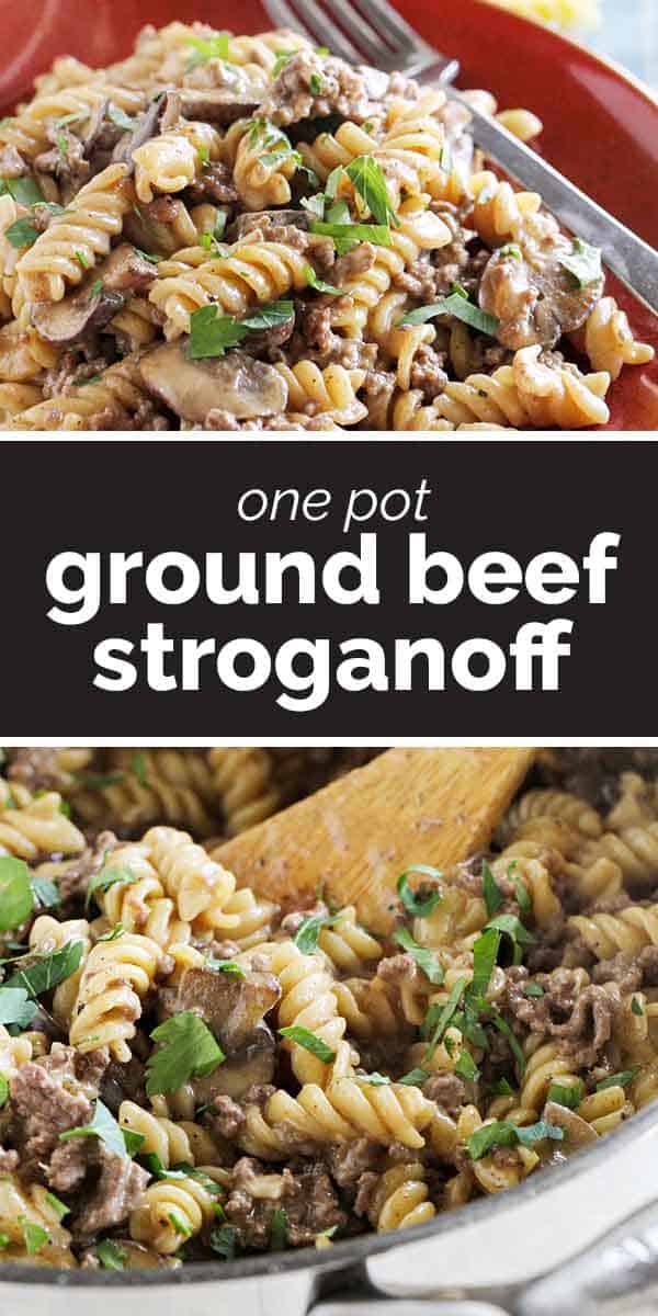 One Pot Ground Beef Stroganoff with text in the middle