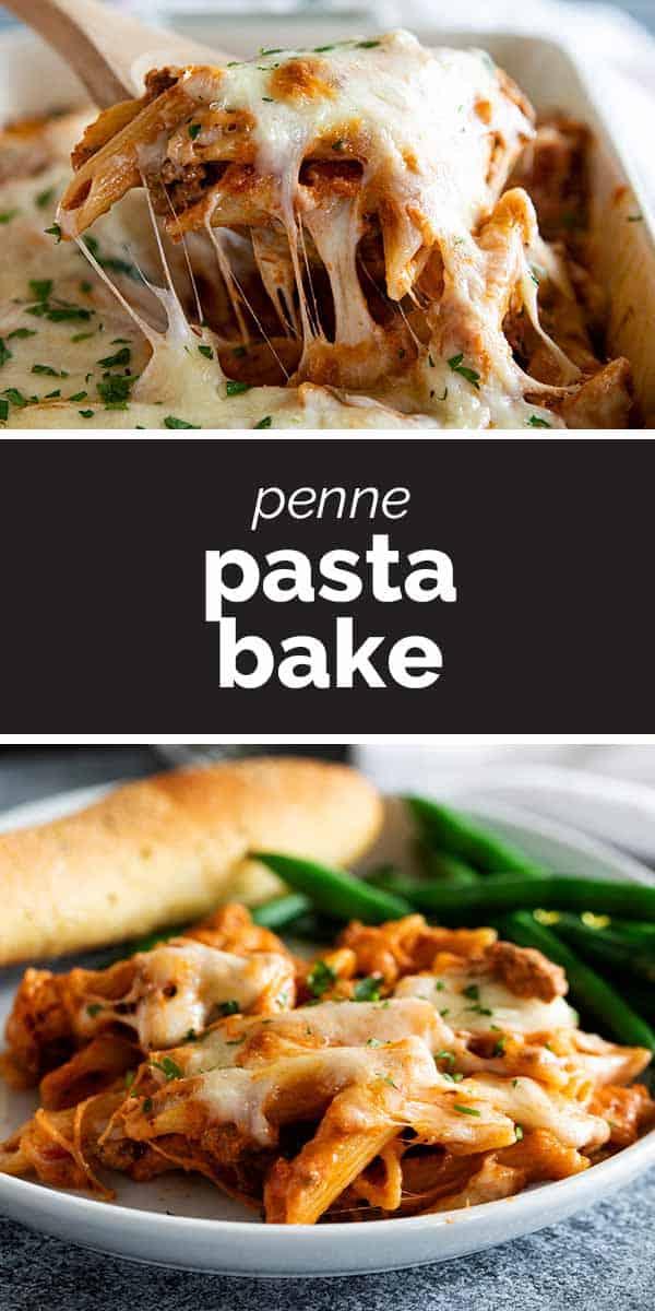 Penne Pasta Bake with text bar in the middle