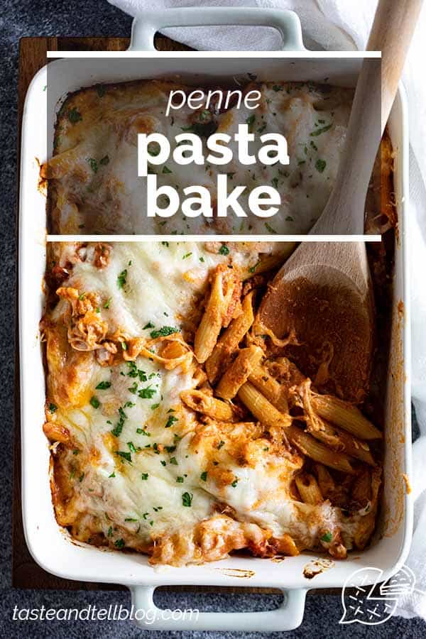 Penne Pasta Bake with text overlay