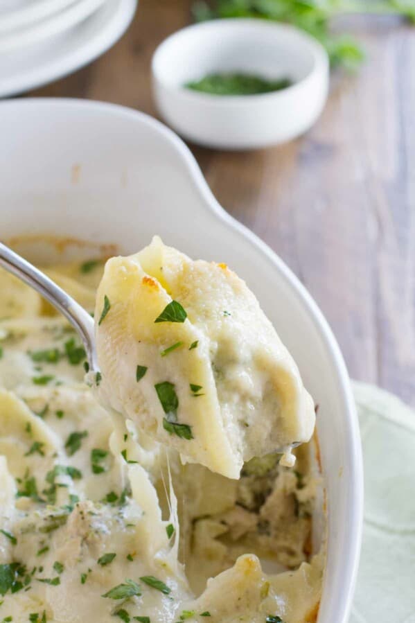 Chicken Alfredo Stuffed Shells - Taste and Tell