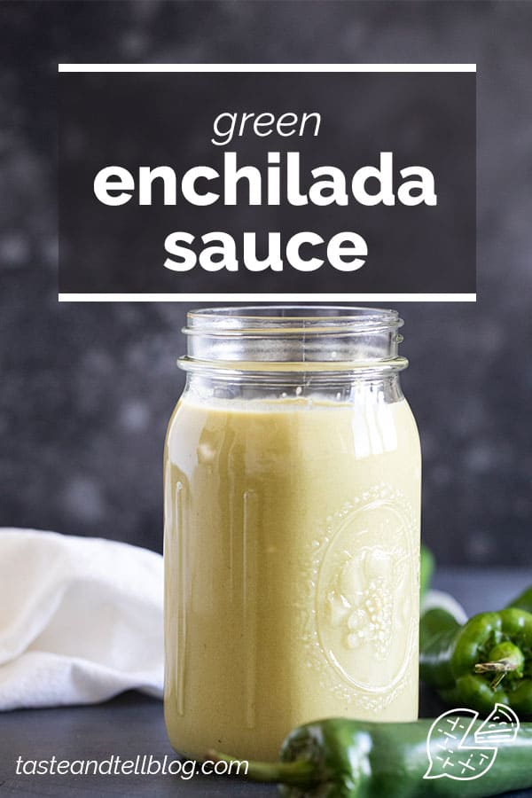 Green Enchilada Sauce with text overlay