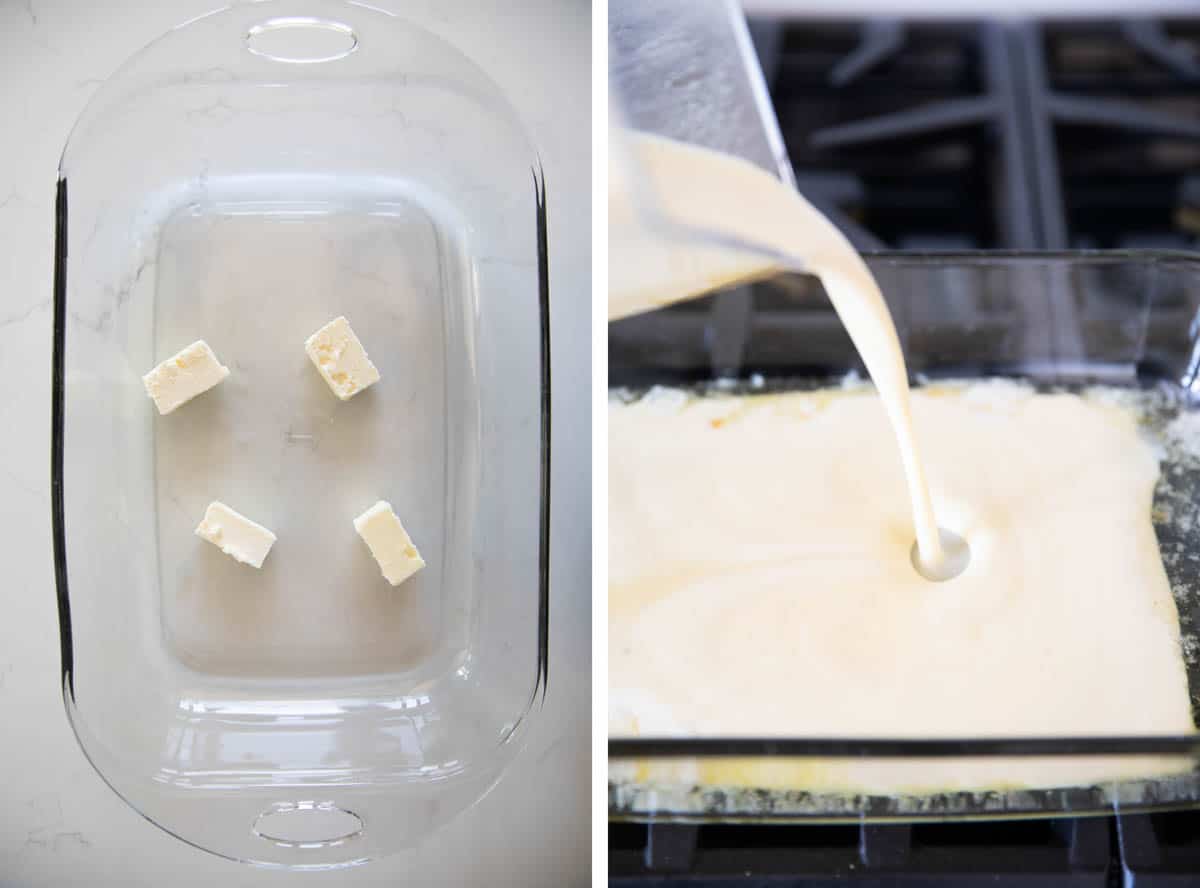 adding butter and pouring in ingredients for Dutch Baby