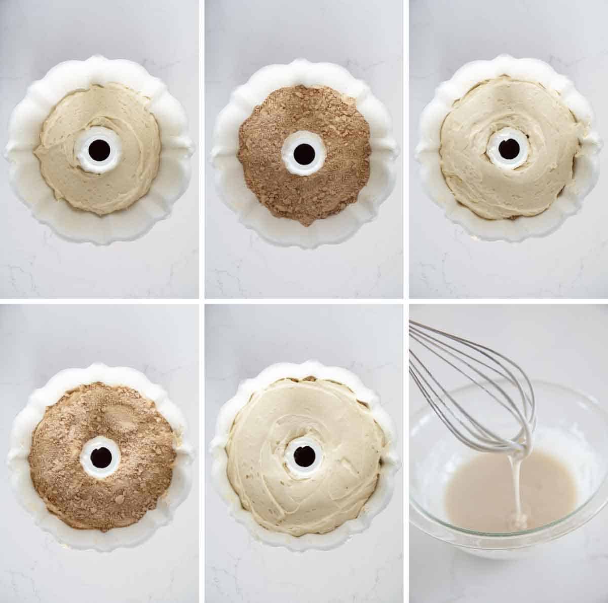 Adding batter and streusel to bundt pan for coffee cake