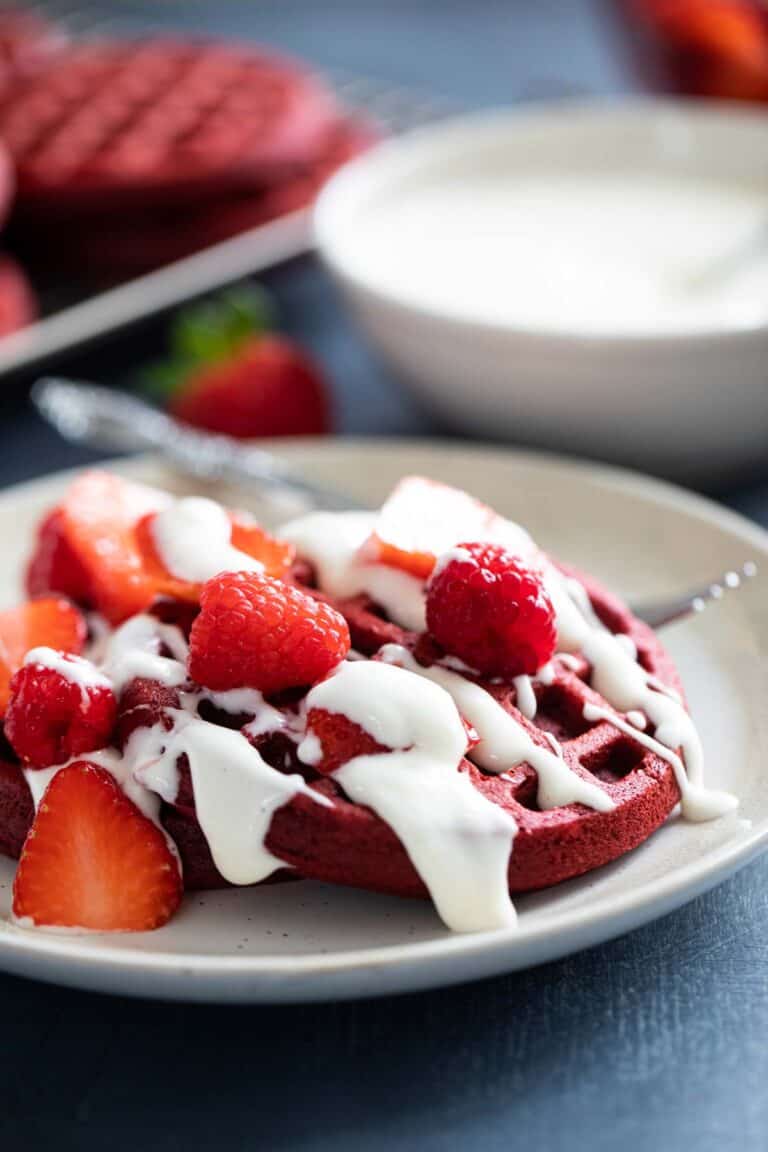 Red Velvet Waffles with Cream Cheese Icing Drizzle Taste and Tell