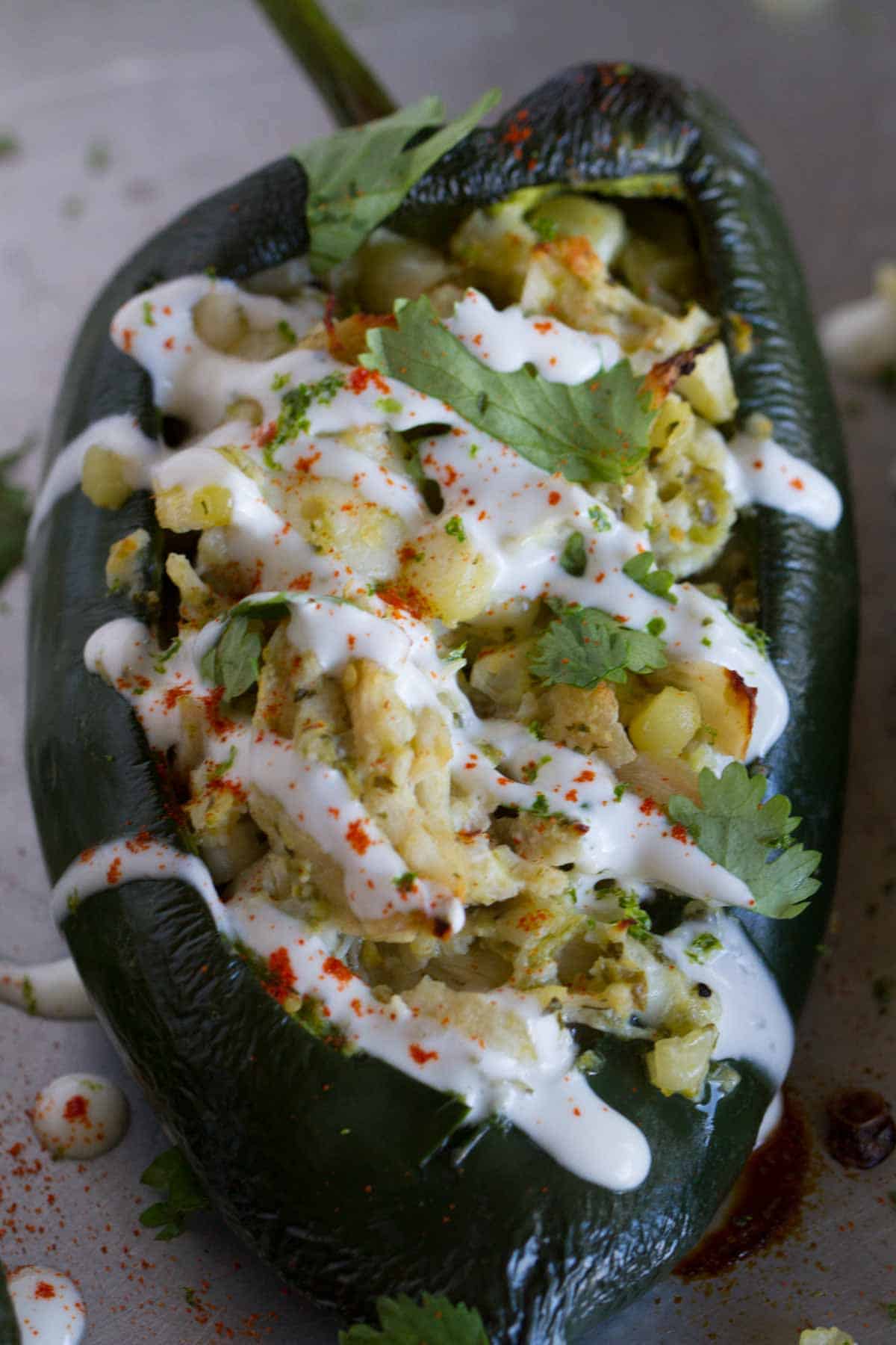 Texture of a poblano chile that is stuffed with corn, chicken, and cheese.