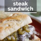 Salsa verde steak sandwiches with text overlay.