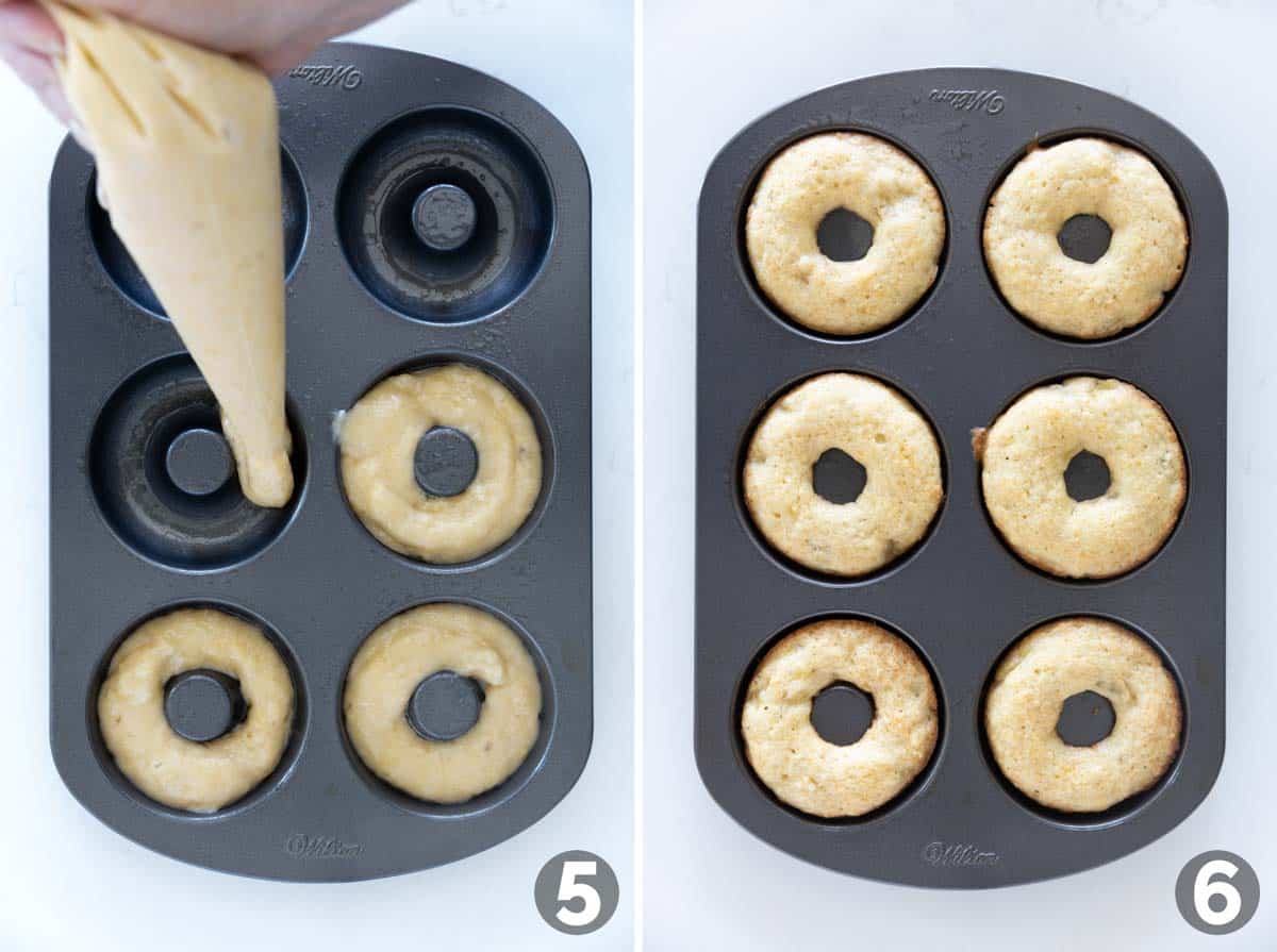 Filling a donut tray with donut batter and baking the donuts.
