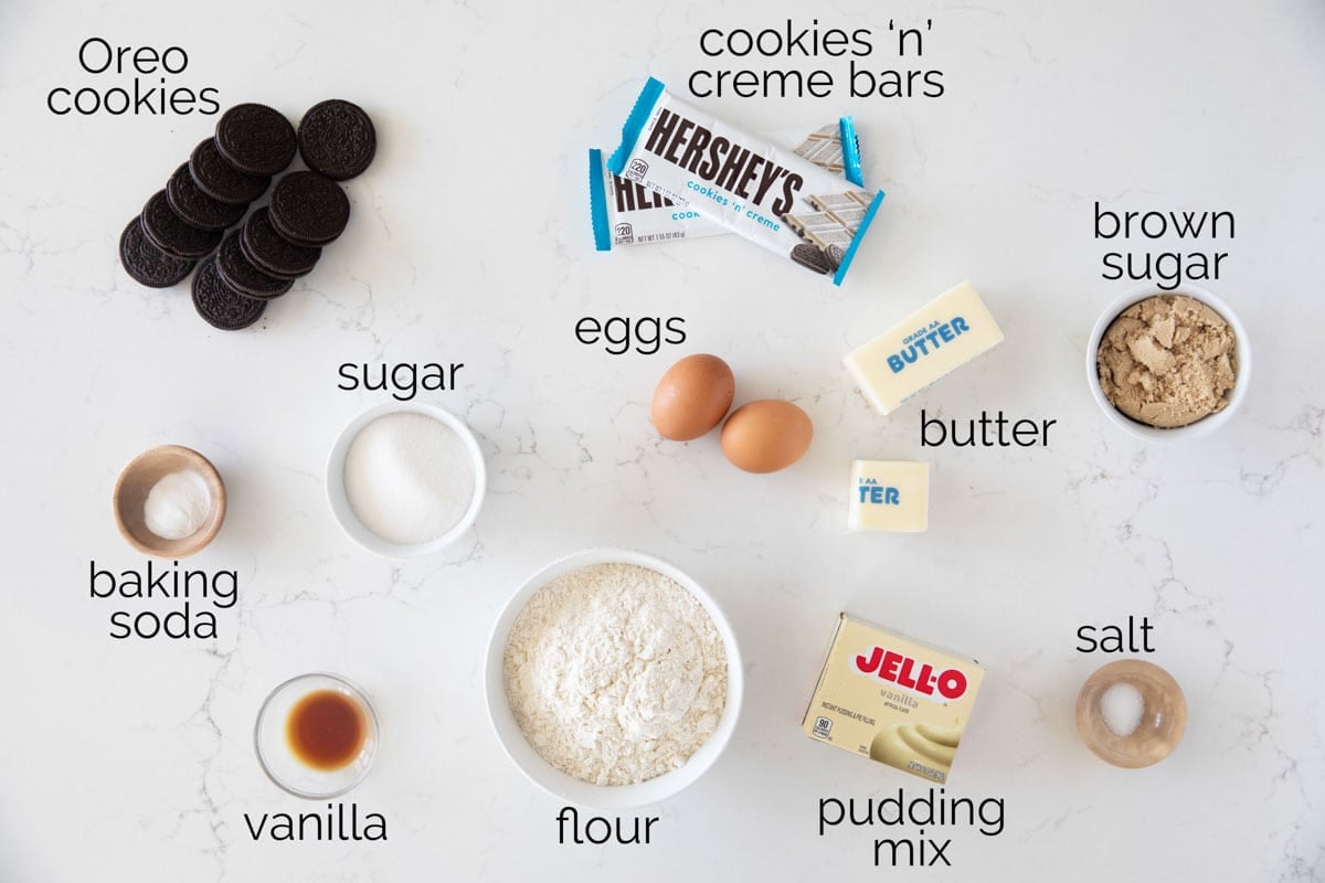 Ingredients needed for Cookies and Cream Cookies.