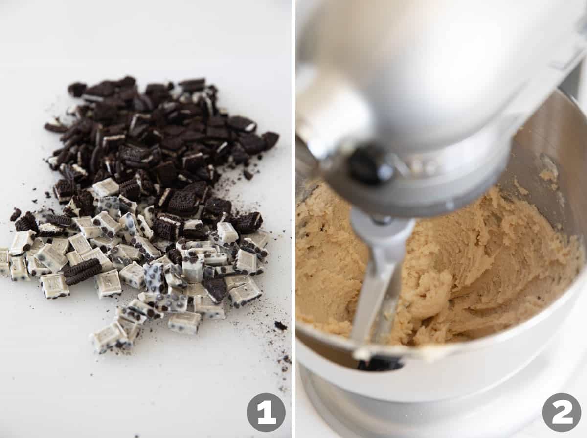 Chopping Oreos and chocolate and starting batter for Cookies and Cream Cookies.