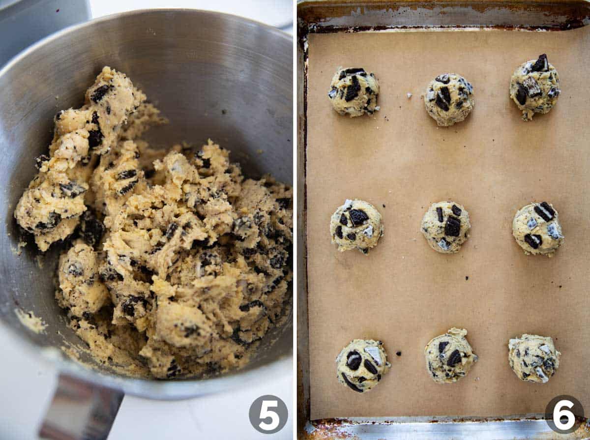 Cookie dough in a bowl and scooped into balls for Cookies and Cream Cookies.