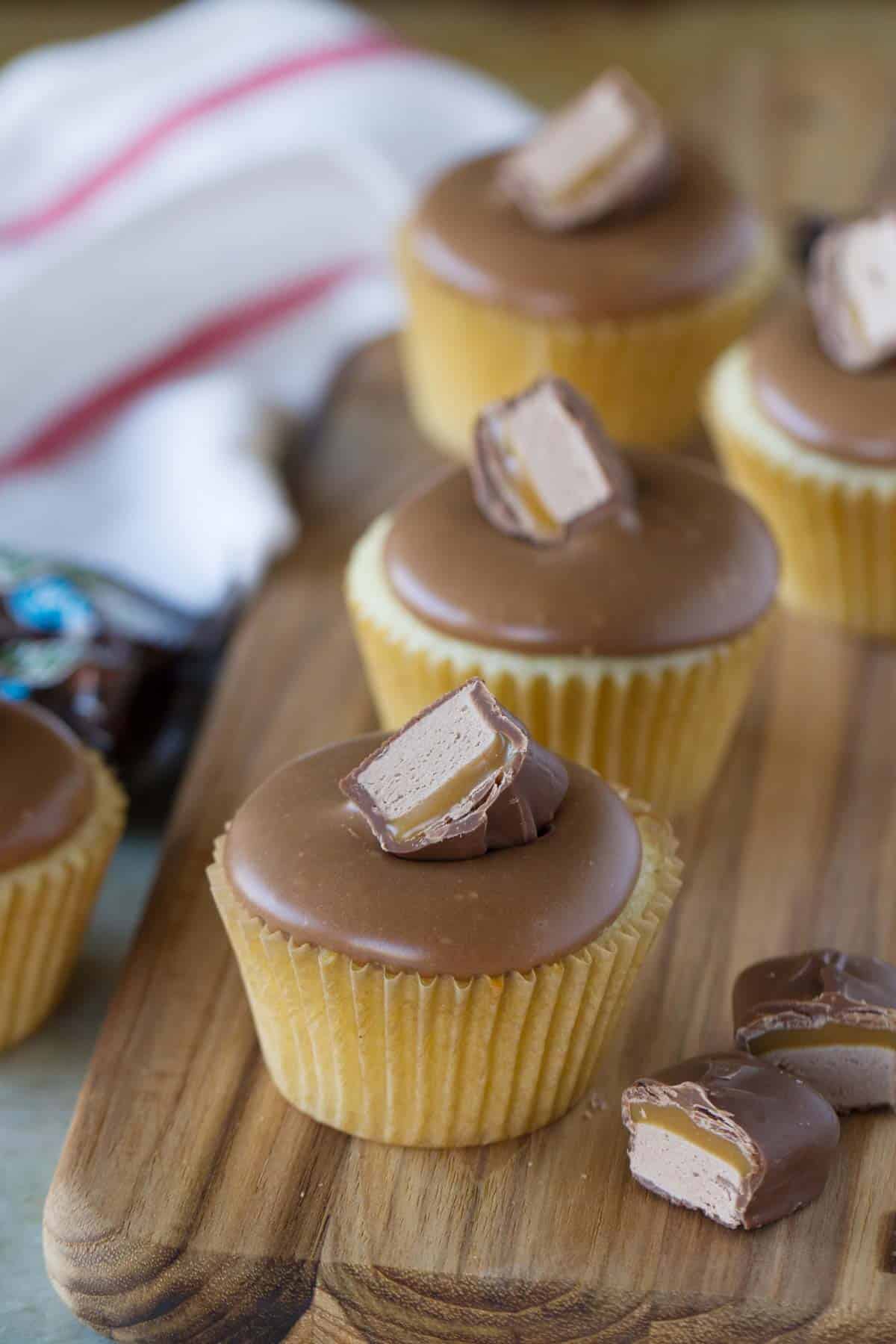 Milky Way Cupcakes with frosting made from Milky Way bars.