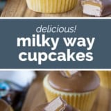 Milky Way Cupcakes collage with text bar in the middle.