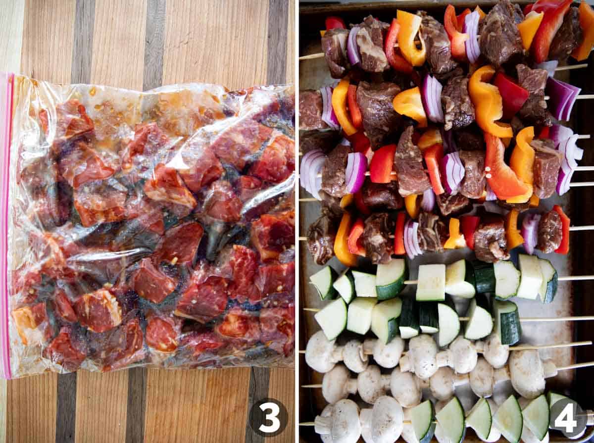 Marinating meat in a steak kabob marinade and assembling kabobs with meat and vegetables.