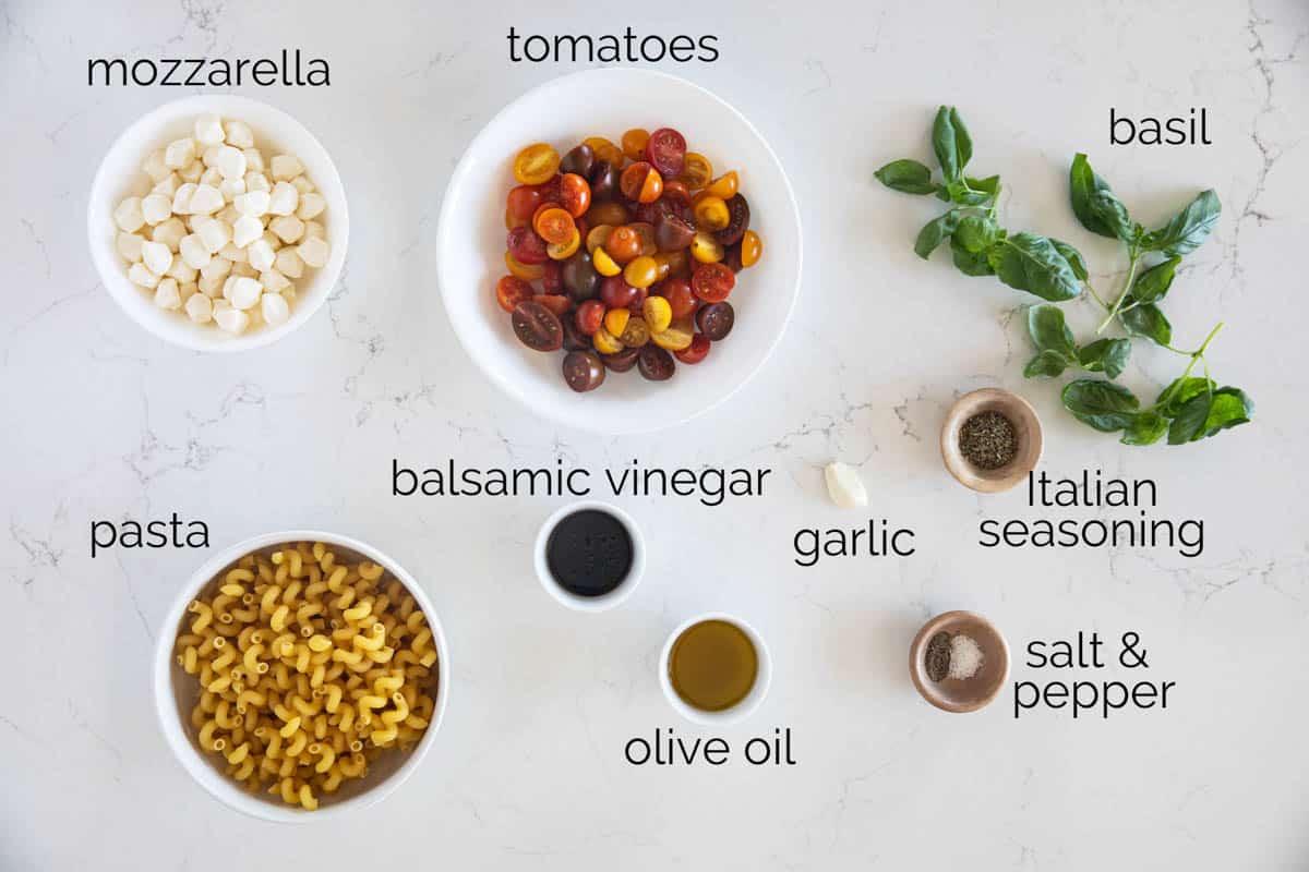 Ingredients to make Caprese Pasta Salad.